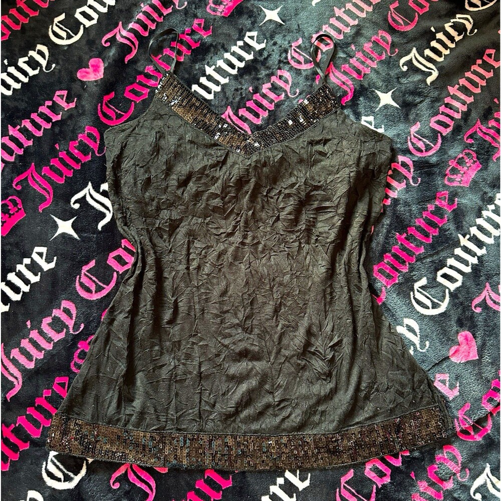 the (in) shop Women's Black Satin Sequin Hem Camisole Spaghetti Strap M